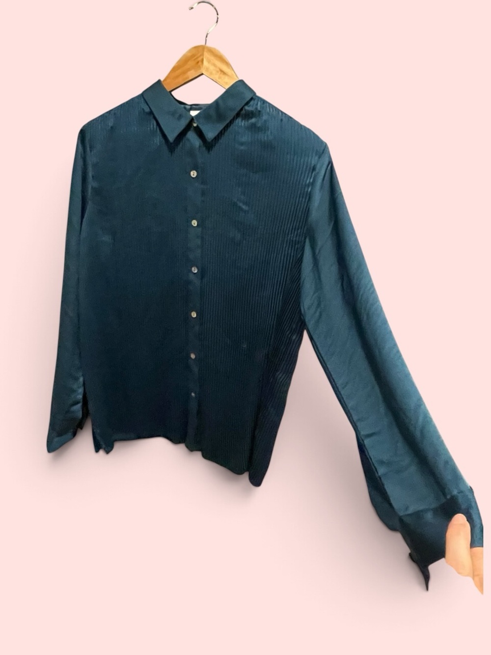 Cute J. Jill pleated front deep aqua satin blouse NWOT tuxedo
